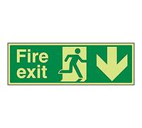 V Safety Glow In The Dark Fire Exit Arrow Down Sign - 450mm x 150mm - Rigid Plastic
