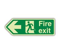 V Safety Glow In The Dark Fire Exit Arrow Left Sign - 750 x 250 mm - Made From Double Glow Rigid Plastic - Fire Safety Signage - Made in Britain