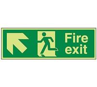 V Safety Glow In The Dark Fire Exit Arrow Up Left Sign - 450mm x 150mm - Rigid Plastic