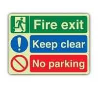 V Safety Glow In The Dark Fire Exit - Keep Clear - No Parking Sign - 400 x 300 mm - Made From Double Glow Rigid Plastic - Fire Safety Signage - Made in Britain