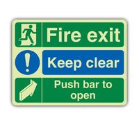 V Safety Glow In The Dark Fire Exit - Keep Clear - Push Bar To Open Sign - 400 x 300 mm - Made From Double Glow Self Adhesive Vinyl - Fire Safety Signage - Made in Britain