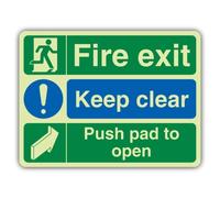 V Safety Glow In The Dark Fire Exit - Keep Clear - Push Pad To Open Sign - 600 x 450 mm - Made From Double Glow Self Adhesive Vinyl - Fire Safety Signage - Made in Britain