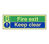 V Safety Glow In The Dark Fire Exit/Keep Clear Sign - 300mm x 100mm - Rigid Plastic