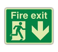 V Safety Glow In The Dark Fire Exit - Man Running - Down Sign - 400 x 300 mm - Made From Triple Glow Rigid Plastic - Fire Safety Signage - Made in Britain