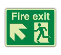 V Safety Glow In The Dark Fire Exit - Man Running Left - Up Left Sign - 300 x 225 mm - Made From Triple Glow Rigid Plastic - Fire Safety Signage - Made in Britain
