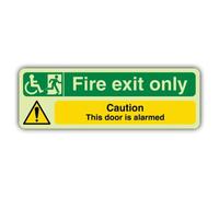 V Safety Glow In The Dark Fire Exit Only Caution This Door Is Alarmed Sign - 300 x 100 mm - Made From Double Glow Self Adhesive Vinyl - Fire Safety Signage - Made in Britain