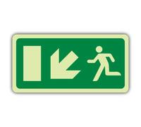 V Safety Glow In The Dark Fire Exit - Running Man - Arrow Down Left - EC Directive Sign - 600 x 300 mm - Made From Double Glow Self Adhesive Vinyl - Fire Safety Signage - Made in Britain