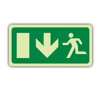 V Safety Glow In The Dark Fire Exit - Running Man Left - Arrow Down - EC Directive Sign - 300 x 150 mm - Made From Double Glow Rigid Plastic - Fire Safety Signage - Made in Britain