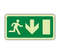 V Safety Glow In The Dark Fire Exit - Running Man Right - Arrow Down - EC Directive Sign - 300 x 150 mm - Made From Double Glow Self Adhesive Vinyl - Fire Safety Signage - Made in Britain