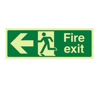 V Safety Glow In The Dark Fire Exit Arrow Left Sign - 300mm x 100mm - Rigid Plastic