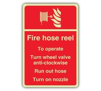 V Safety Glow In The Dark Fire Hose Reel - To Operate Turn Wheel Valve Sign - 200 x 300 mm - Made From Double Glow Self Adhesive Vinyl - Fire Safety Signage - Made in Britain
