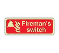 V Safety Glow In The Dark Fireman's Switch Sign - Landscape Format - 210 x 70 mm - Made From Double Glow Rigid Plastic - Fire Safety Signage - Made in Britain