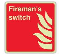 V Safety Glow In The Dark Fireman's Switch Sign - Square Format - 200 x 200 mm - Made From Double Glow Rigid Plastic - Fire Safety Signage - Made in Britain