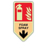 V Safety Glow In The Dark Foam Spray Fire Extinguisher With Flame Sign - 150 x 225 mm - Made From Triple Glow Rigid Plastic - Fire Safety Signage - Made in Britain