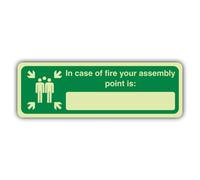 V Safety Glow In The Dark In Case Of Fire Your Assembly Point Is Sign - 600 x 200 mm - Made From Double Glow Self Adhesive Vinyl - Fire Safety Signage - Made in Britain