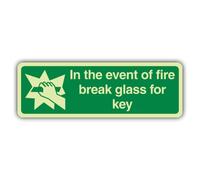 V Safety Glow In The Dark In The Event Of Fire Break Glass For Key Sign - Slim Format - 210 x 70 mm - Made From Triple Glow Rigid Plastic - Fire Safety Signage - Made in Britain
