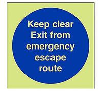 V Safety Glow In The Dark Keep Clear Exit From Emergency Escape Route Fire Door Sign - 100mm x 100mm - Rigid Plastic