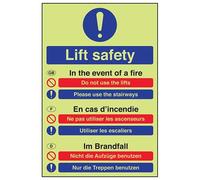 V Safety Glow In The Dark Multi-Lingual Fire Action Lift Safety Sign - 150mm x 200mm - Self Adhesive Vinyl
