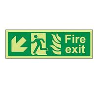 V Safety Glow In The Dark NHS Fire Exit Arrow Down Left Sign - 300mm x 100mm - Rigid Plastic