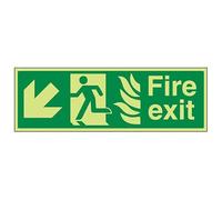 V Safety Glow In The Dark NHS Fire Exit Arrow Down Left Sign - 450mm x 150mm - Self Adhesive Vinyl