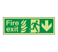 V Safety Glow In The Dark NHS Fire Exit Arrow Down Sign - 300mm x 100mm - Self Adhesive Vinyl