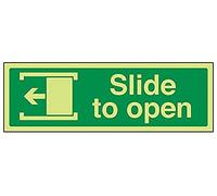 V Safety Glow In The Dark Slide To Open (Left) Door Sign - 300mm x 100mm - Rigid Plastic