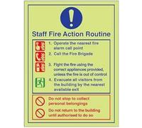 V Safety Glow In The Dark Staff Fire Action Routine Sign - 150mm x 200mm - Rigid Plastic