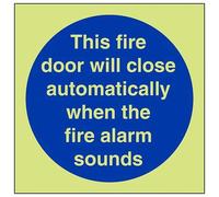 V Safety Glow In The Dark This Fire Door Will Close Automatically On The Operation Of The Fire Alarm Sign - 200mm x 200mm - Self Adhesive Vinyl