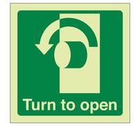 V Safety Glow In The Dark Turn To Open (Anti-Clockwise) Door Sign - 100mm x 100mm - Rigid Plastic