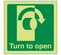 V Safety Glow In The Dark Turn To Open (Clockwise) Door Sign - 100mm x 100mm - Rigid Plastic