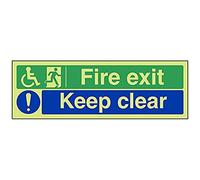 V Safety Glow In The Dark Wheel Chair Fire Exit/Keep Clear Sign - 300mm x 100mm - Rigid Plastic