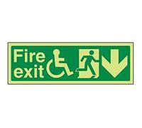 V Safety Glow In The Dark Wheel Chair Fire Exit With Text Arrow Down Sign - 450mm x 150mm - Self Adhesive Vinyl