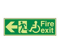 V Safety Glow In The Dark Wheel Chair Fire Exit With Text Arrow Left Sign - 450mm x 150mm - Rigid Plastic