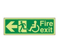 V Safety Glow In The Dark Wheel Chair Fire Exit With Text Arrow Left Sign - 450mm x 150mm - Self Adhesive Vinyl