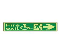 V Safety Glow In The Dark Wheel Chair Fire Exit With Text Arrow Right Sign - 450mm x 150mm - Self Adhesive Vinyl