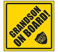 V Safety Grandson On Board! Safety First Sign - 150mm x 150mm - Yellow Rigid Plastic