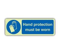 V Safety Hand Protection Must Be Worn Sign - 300 x 100 mm | Glow In The Dark | Double Glow Rigid Plastic | Mandatory Safety Signage - Made in Britain