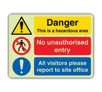 V Safety Hazardous Area - No Unauthorised Entry Sign - 300 x 225 mm | Glow In The Dark | Double Glow Rigid Plastic | Prohibition Signage - Made in Britain