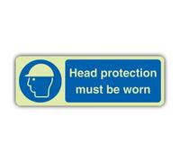 V Safety Head Protection Must Be Worn Sign - 450 x 150 mm | Glow In The Dark | Double Glow Rigid Plastic | Mandatory Safety Signage - Made in Britain