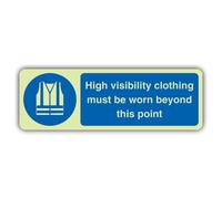 V Safety High Visibility Clothing Must Be Worn Beyond Sign - 300 x 100 mm | Glow In The Dark | Triple Glow Self Adhesive Vinyl | Mandatory Safety Signage - Made in Britain