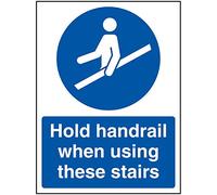 V Safety Hold Handrail When Using These Stairs Sign - 150x200mm - 1mm Rigid Plastic