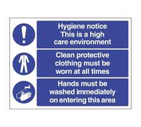 V Safety Hygiene Notice This Is A High Care Environment - Large Landscape 400 x 300 mm - Glow In The Dark Self Adhesive Vinyl Safety Sign