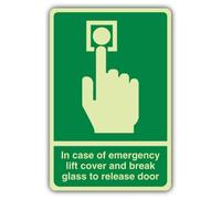 V Safety In Case Of Emergency Lift Cover And Break Sign - 200 x 300 mm | Glow In The Dark | Triple Glow Rigid Plastic | Fire Safety Signage - Made in Britain