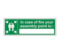V Safety In Case Of Fire Your Assembly Point Is 300 x 100 mm - Self Adhesive Vinyl - Aluminium Effect Safety Sign