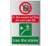V Safety In The Event Of Fire Do Not Use Lift/Use The Stairs Left 150 x 200 mm - 1.6mm Aluminium Effect Rigid Plastic Safety Sign