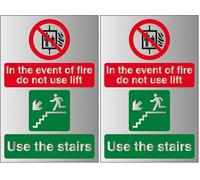 V Safety In The Event Of Fire Do Not Use Lift/Use The Stairs Left 150 x 200 mm - Self Adhesive Vinyl - Aluminium Effect Safety Sign (Pack of 2)