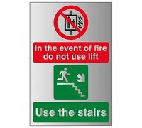 V Safety In The Event Of Fire Do Not Use Lift/Use The Stairs Right 150 x 200 mm - 1.6mm Aluminium Effect Rigid Plastic Safety Sign