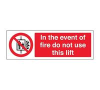 V Safety In The Event Of Fire Do Not Use This Lift - Landscape 300 x 100 mm - 2mm Rigid Plastic Safety Sign