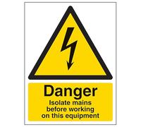 V Safety Isolate Mains Before Working On Equipment - Portrait 150 x 200 mm - Glow In The Dark Self Adhesive Vinyl Safety Sign