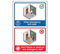 V Safety Keep Emergency Exit Clear/Don't Block Emergency Exit 200 x 300 mm - Glow In The Dark Self Adhesive Vinyl Safety Sign